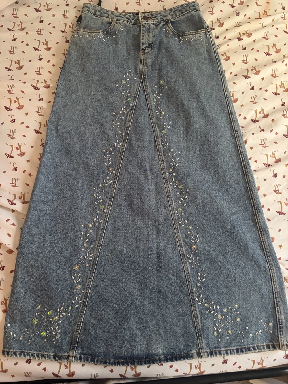 Vintage Anna Sui Denim Maxi Skirt Y2K Fairycore Whimsical Rhinestone Boho